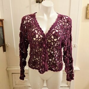 Reference Point purple open crocheted and beaded jacket Sz L